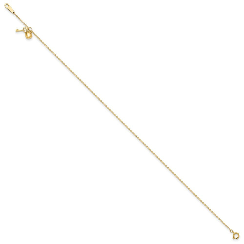 14k Yellow Gold Cable Chain with Puffed Heart and Key Dangle 10" Anklet