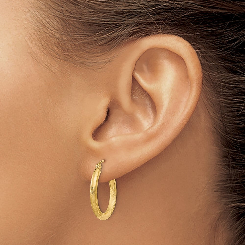 14k Yellow Gold Satin and Diamond-cut 2.5mm Round Hoop Earrings Gift for Women