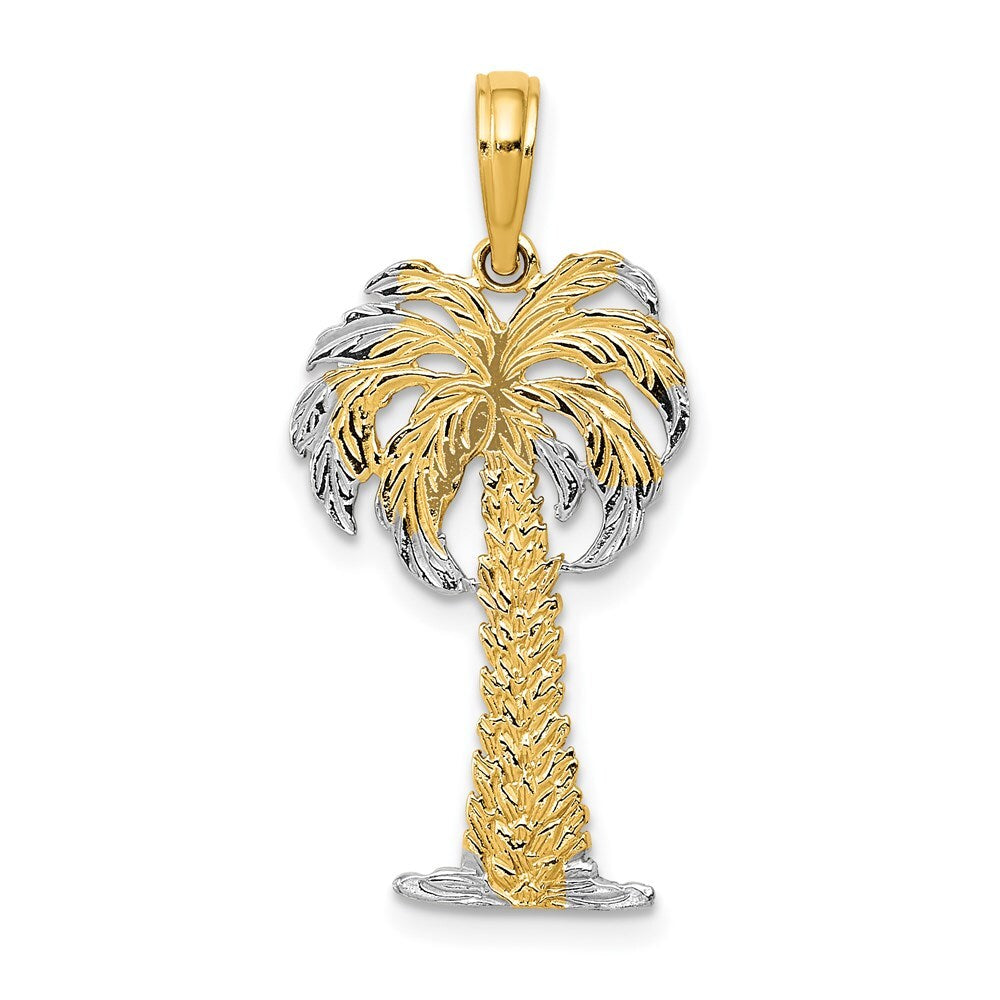 14k Yellow Gold  Rhodium Polished And Textured Palm Tree Pendant for Women