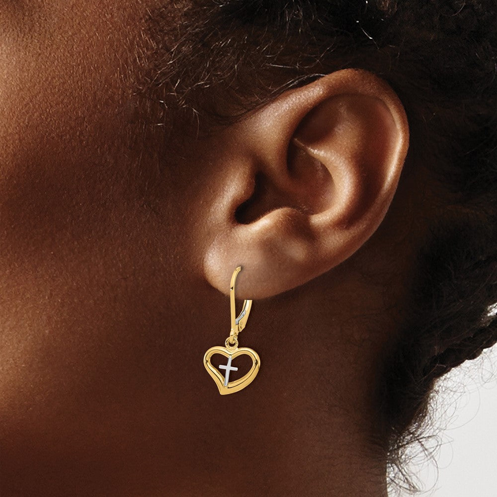 14K Two-tone Polished Cross in Heart Drop Dangle Dangle Earrings