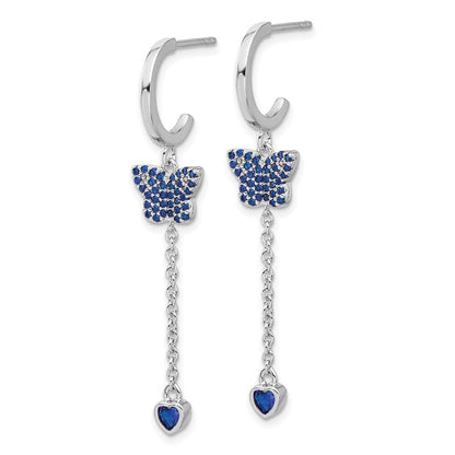 Sterling Silver Blue Cubic Zirconia Butterfly Heart Post Hoop Earrings