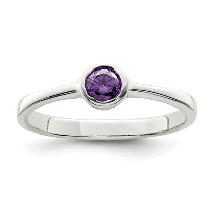 Sterling Silver Purple Round Bezel Cubic Zirconia Ring Size 7
