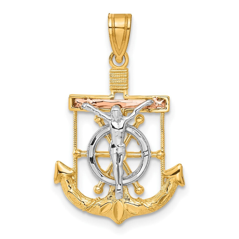 14k Tri-Color Gold Tri-color Diamond-cut Textured Mariner's Cross Pendant