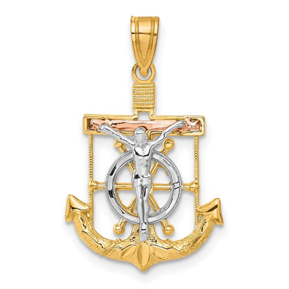 14k Tri-Color Gold Tri-color Diamond-cut Textured Mariner's Cross Pendant