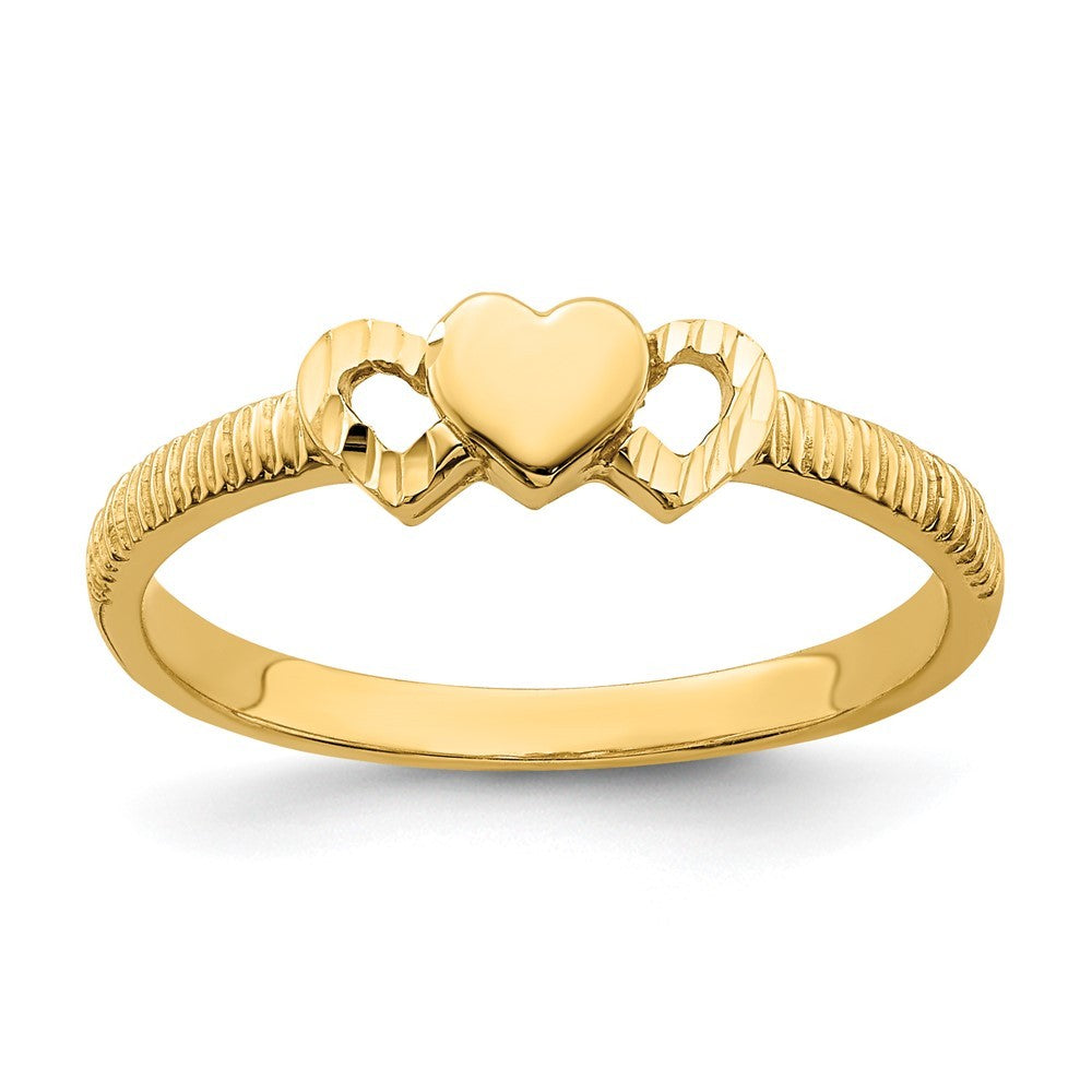 14k Yellow Gold Solid Heart with Diamond-cut Hearts Ring