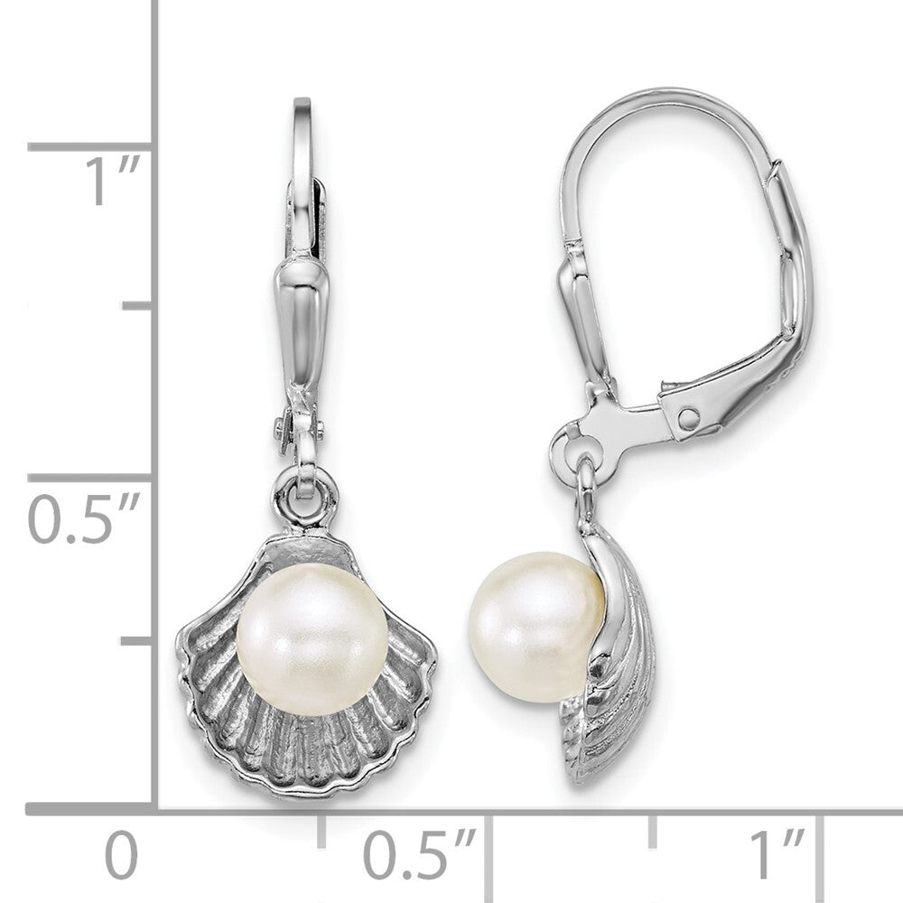 Sterling Silver Rhodium-plated Sea Shell and Acrylic Pearl Leverback Earrin