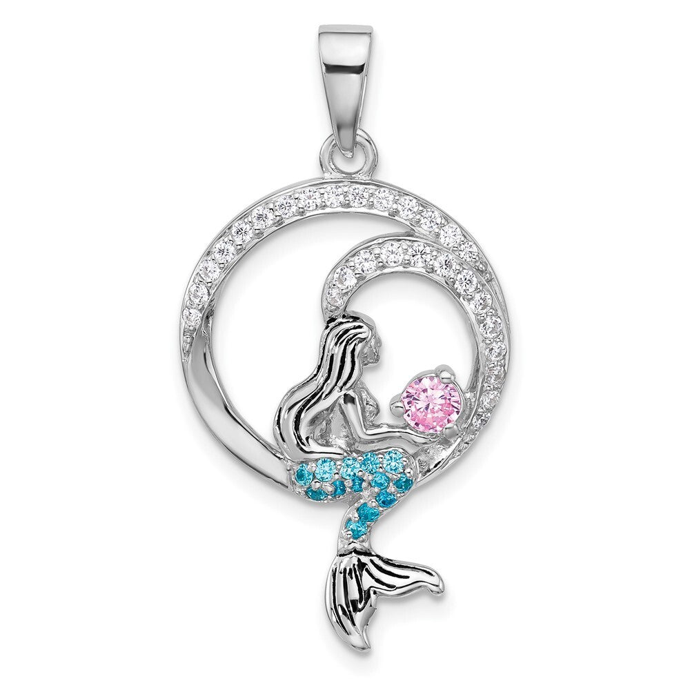 Sterling Silver  Antiqued White Pink and Blue Cubic Zirconia Mermaid Pendant