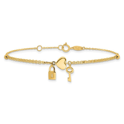 14k Yellow Gold Diamond-cut Heart Lock and Key 7" Bracelet Plus 0.5" Extender