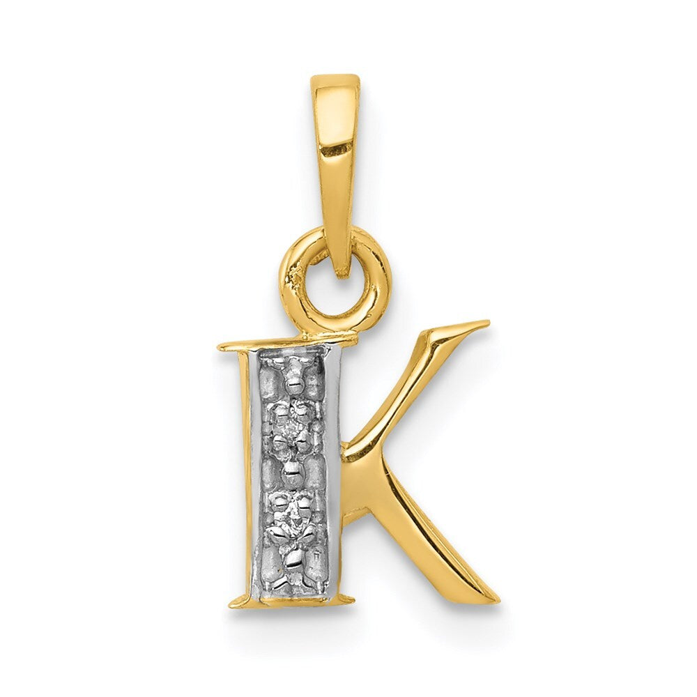 14k Yellow Gold with Rhodium Diamond Letter K Initial Pendant for Women