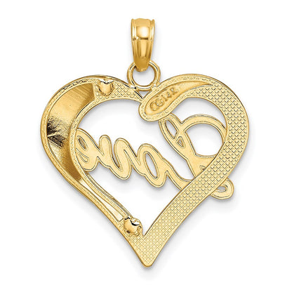 14k Yellow Gold with White Rhodium Heart Diamond-cut LOVE Charm Pendant