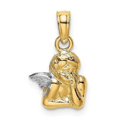 14k Yellow Gold Angel Resting On Elbow w/ Rhodium Wing Charm