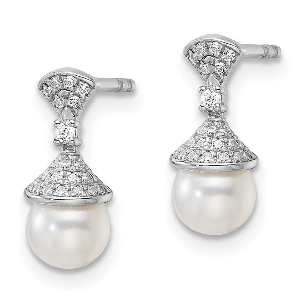 14K White Gold Polished Diamond and Pearl Drop Stud Earrings