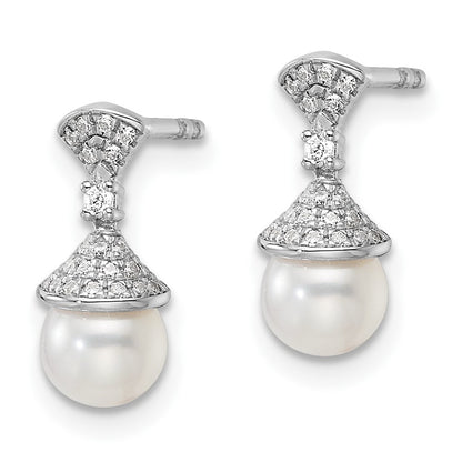 14K White Gold Polished Diamond and Pearl Drop Stud Earrings