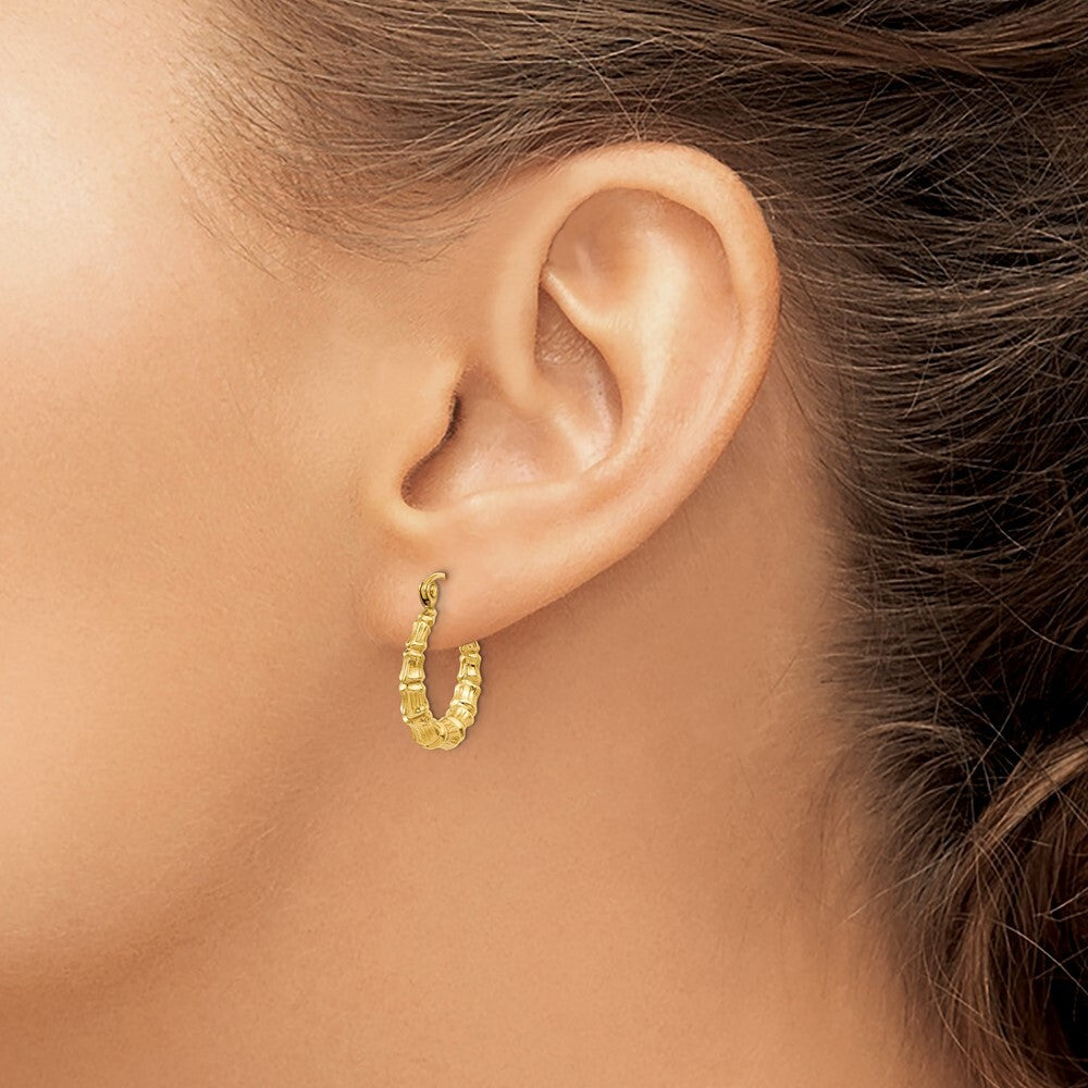 14k Yellow Gold Polished Bamboo Design Hollow Hoop Earrings Gift for Women