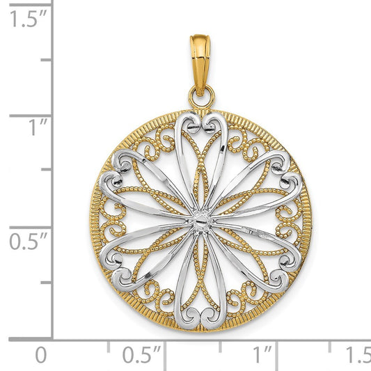 14k Yellow Gold Rhodium Filigree Center Round Charm Pendant for Women