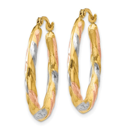 14k Yellow Gold & White & Rose Rhodium Oval Hollow Scallop Hoop Earrings