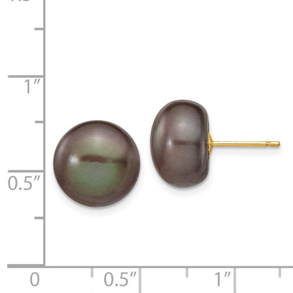 14k Yellow Gold 11-12mm Black Button Freshwater Cultured Pearl Stud Earrings