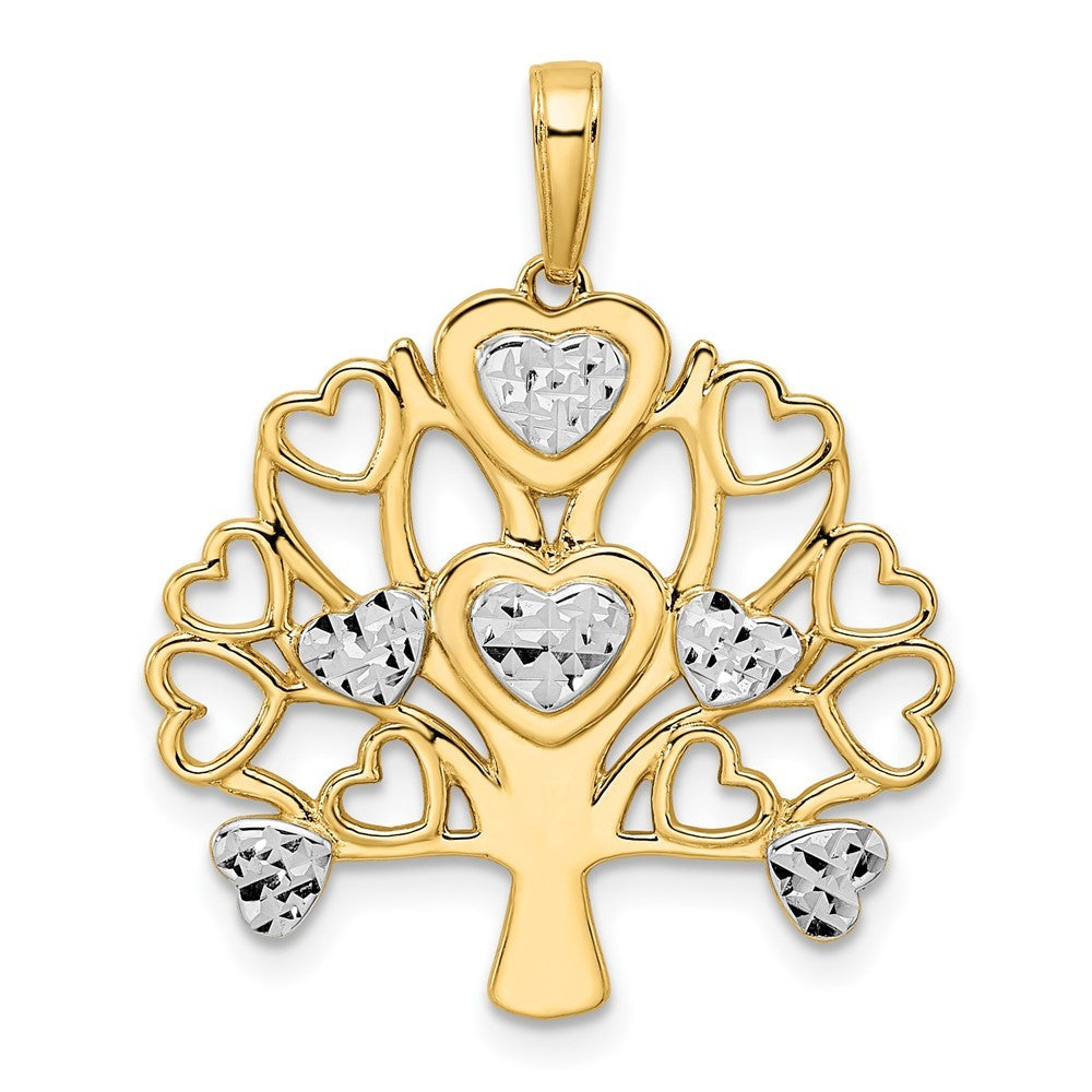 14k Yellow Gold and White Rhodium Diamond-cut Heart Tree of Life Pendant