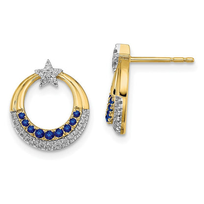 14k Yellow Gold Polished Sapphire and Diamond Star and Circle Stud Earrings