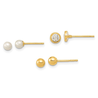 14k Gold Polished Set of Ball Pearl & Cubic Zirconia Stud Earrings 3 Pair Set