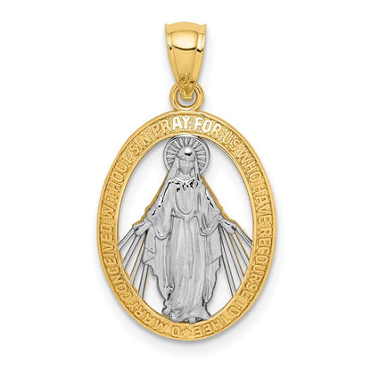 14k Yellow Gold White Rhodium Polished Miraculous Medal Pendant for Women