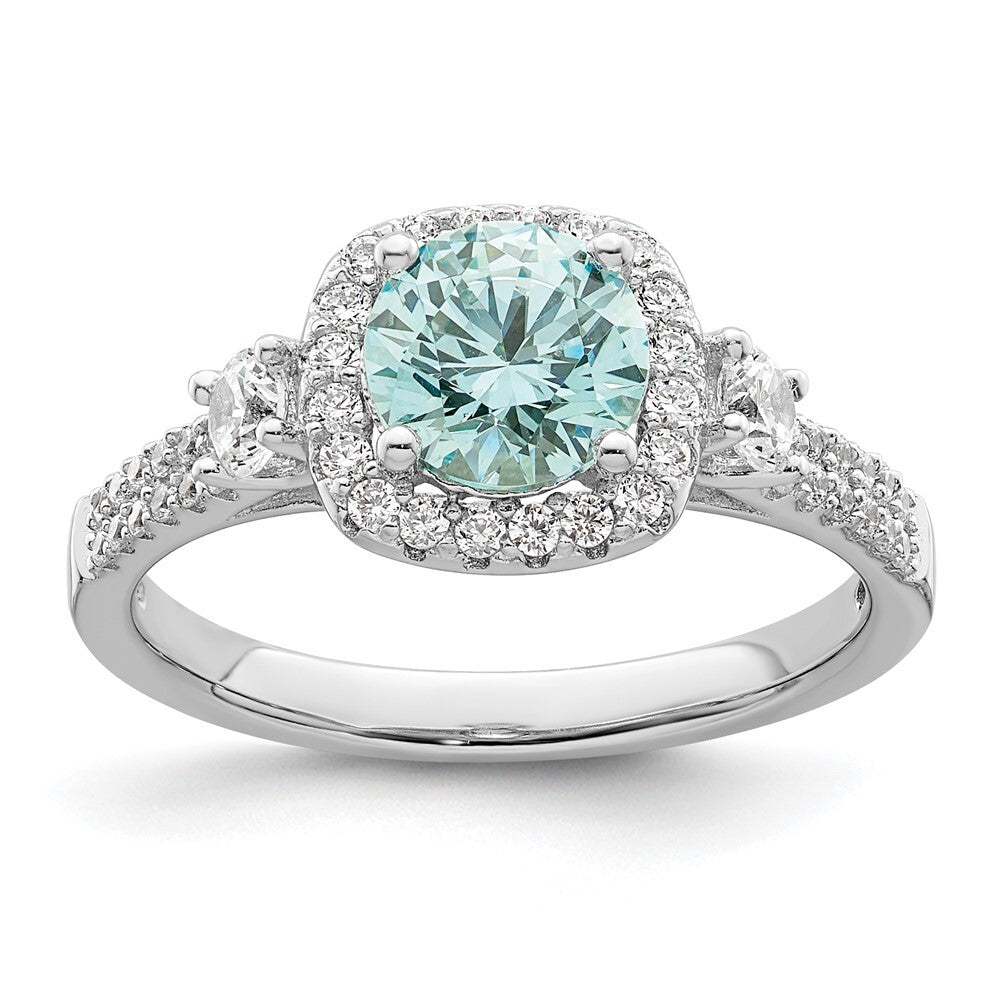 Sterling Silver Rhodium plated Carribean Green & White CZ Ring Size 8