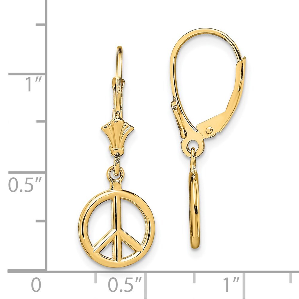 14k Yellow Gold 3-D Peace Symbol Dangle Earrings Leverback Gift for Women