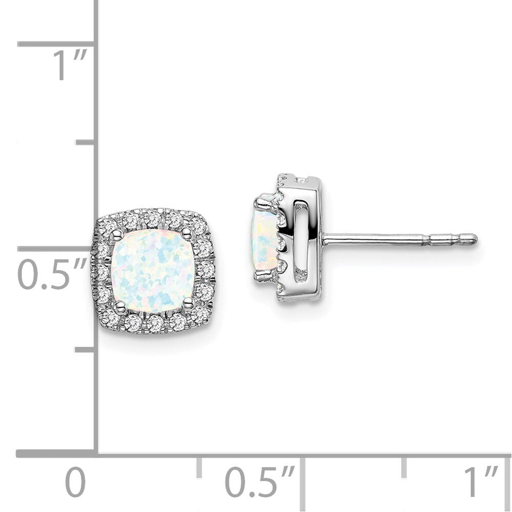14k White Gold Cushion Created Opal and Diamond Halo Stud Earrings
