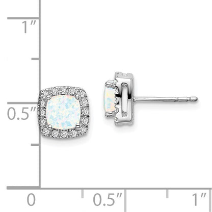 14k White Gold Cushion Created Opal and Diamond Halo Stud Earrings