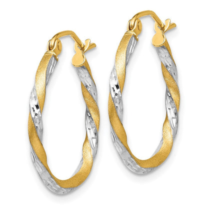 14k Yellow Gold & Rhodium Satin Diamond Cut Twisted Hoop Earrings