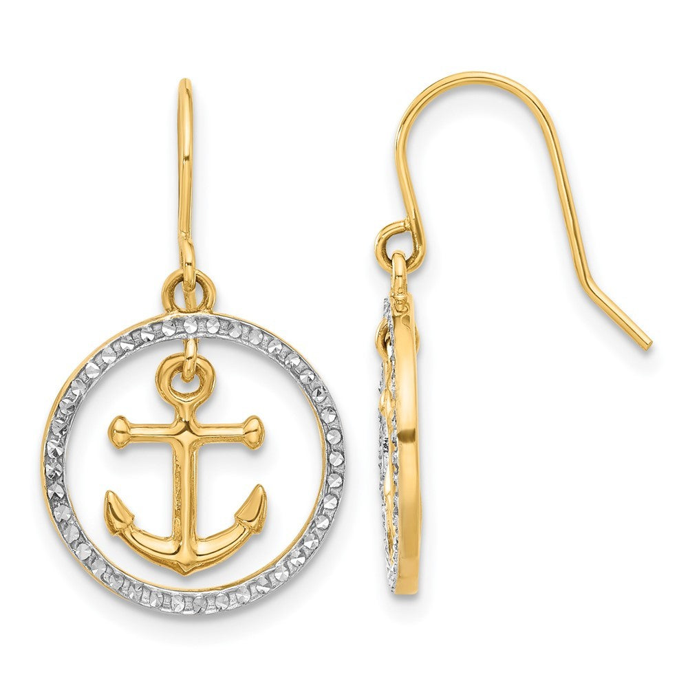 14k Yellow Gold and Rhodium Diamond-Cut Anchor Dangle in Circle Dangle Earrings