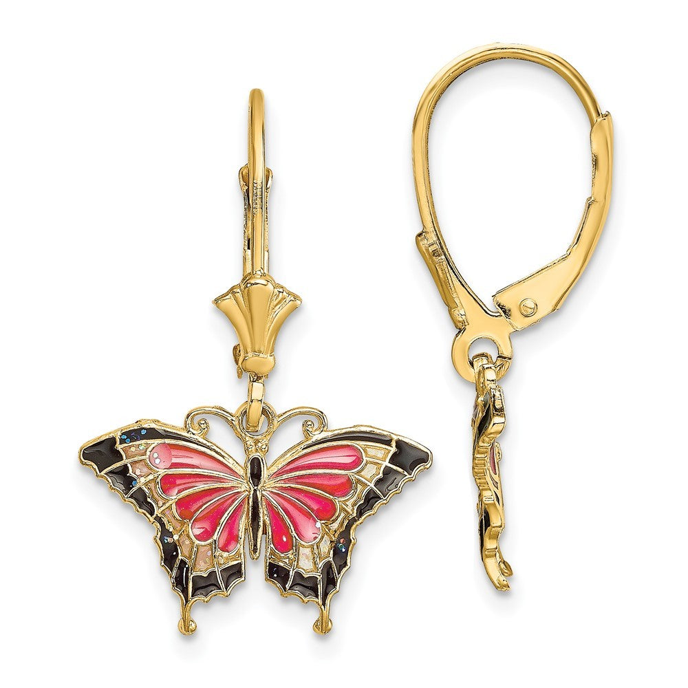 14k Yellow Gold Pink Enameled Butterfly Drop Dangle Earrings