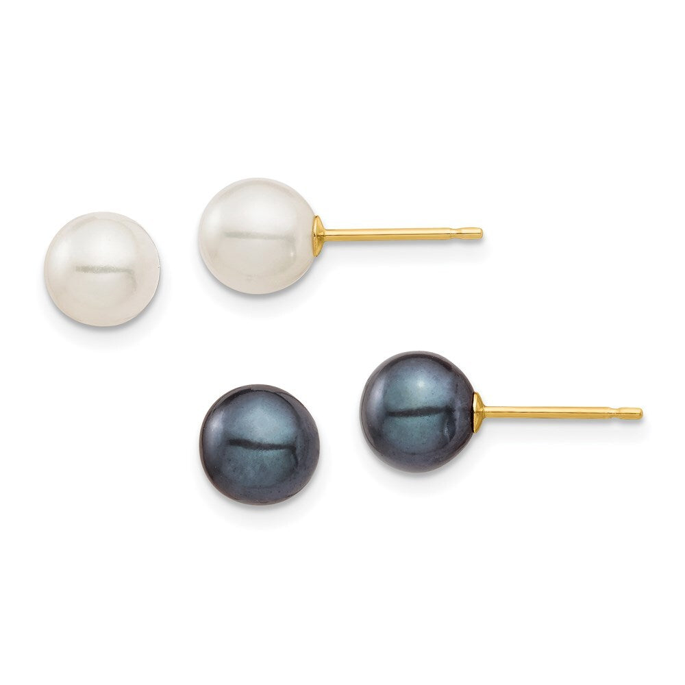 14k Yellow Gold 6-7mm Black & Cultured Pearl 2 Pair Stud Earrings Set for Women