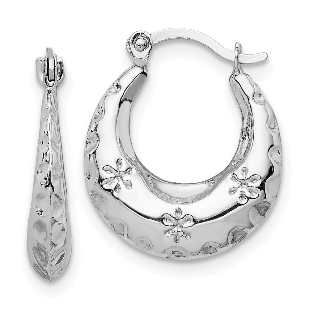 14K White Gold Textured Stamped Hoop Earrings Gift for Women