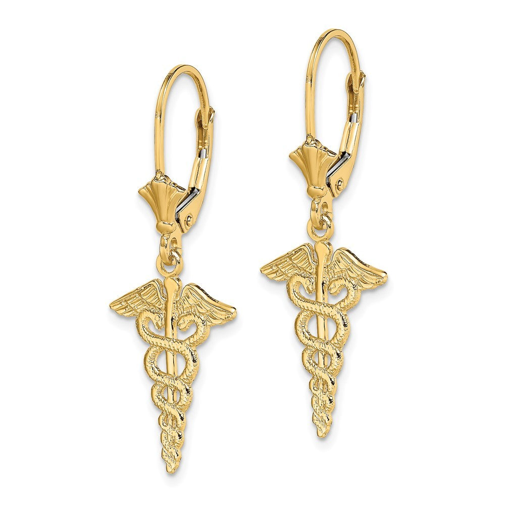 14k Yellow Gold Caduceus Drop Dangle Earrings