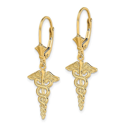 14k Yellow Gold Caduceus Drop Dangle Earrings