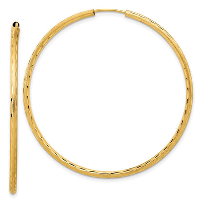 14k Yellow Gold Polished and Satin Diamond-Cut 2mm Endless Hoop Earrings