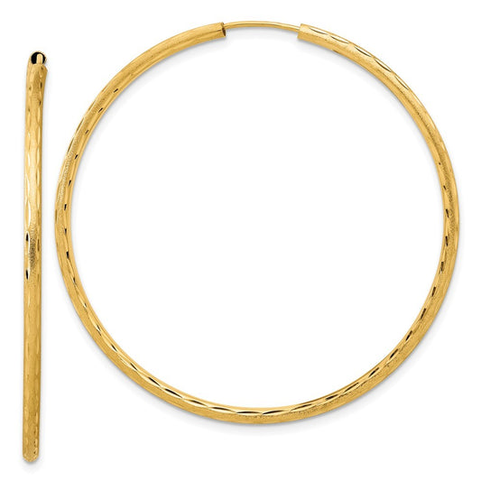 14k Yellow Gold Polished and Satin Diamond-Cut 2mm Endless Hoop Earrings