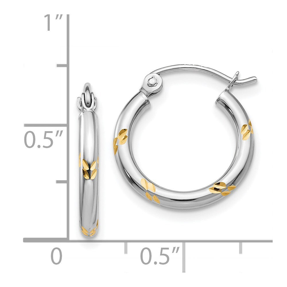 14k White Gold and Yellow Rhodium Diamond-Cut Hoop Earrings Gift for Women