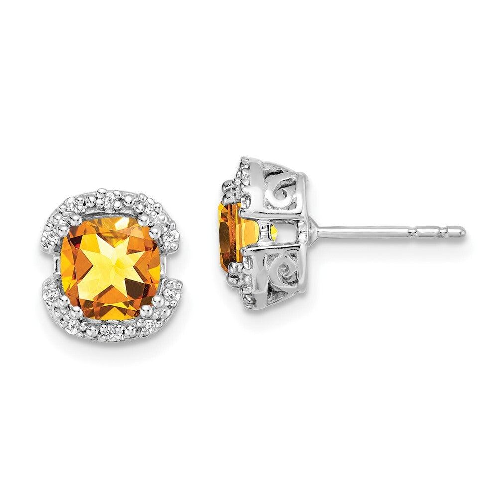 14k White Gold Cushion Citrine and Diamond Halo Stud Earrings
