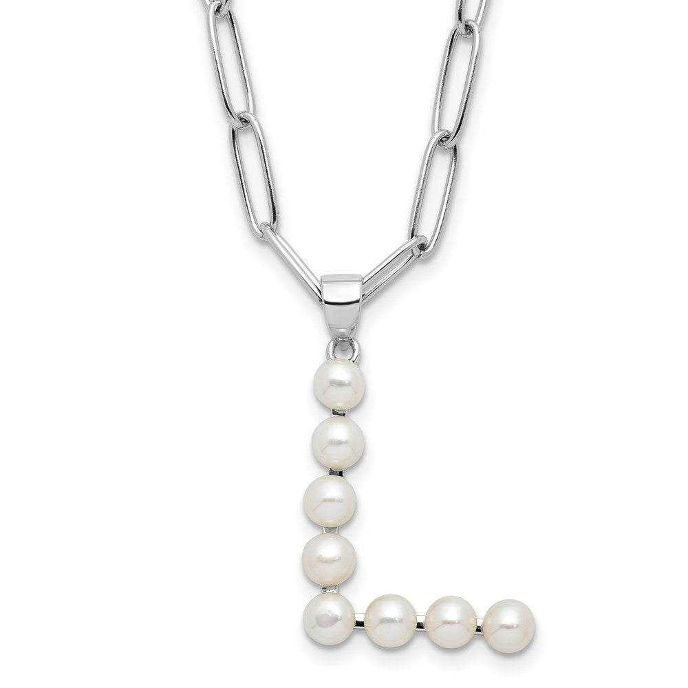 Sterling Silver 3-5.5mm White Button Cultured Pearl LETTER L Necklace 18"