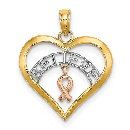 14k Two-tone Gold White Rhodium BELIEVE in Heart  Breast Cancer Ribbon Pendant