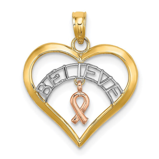 14k Two-tone Gold White Rhodium BELIEVE in Heart  Breast Cancer Ribbon Pendant