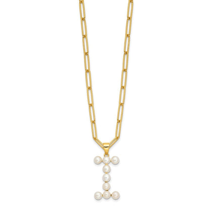Sterling Silver 3-5.5mm White Button Cultured Pearl LETTER I Necklace 18"