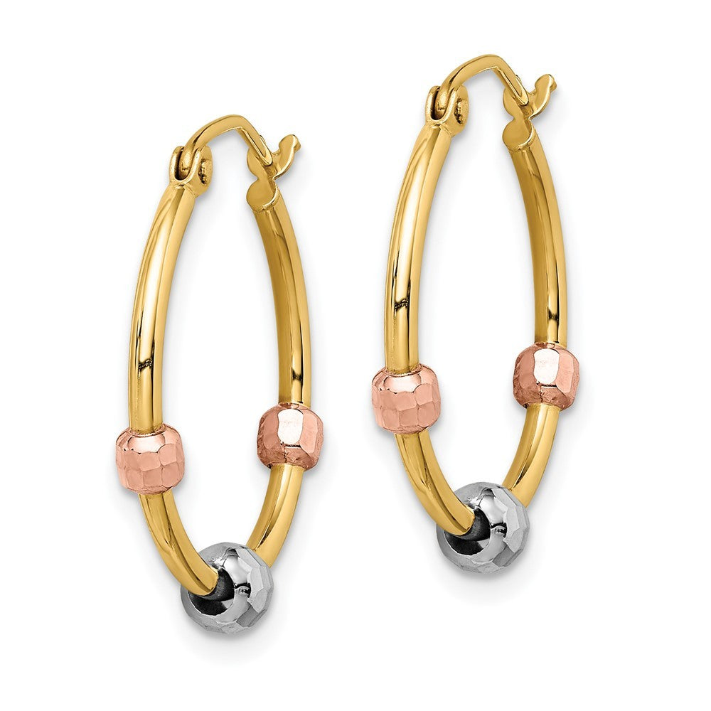 14k Tri-color Polished with Diamond-Cut Beads Hoop Earrings
