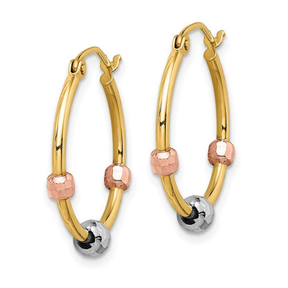 14k Tri-color Polished with Diamond-Cut Beads Hoop Earrings