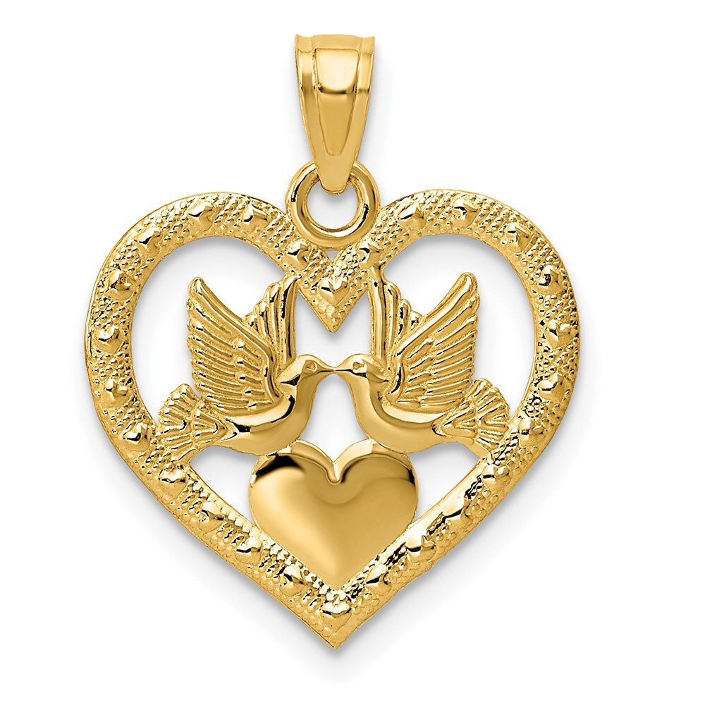 14k Yellow Gold Polished Doves in Heart Pendant for Women