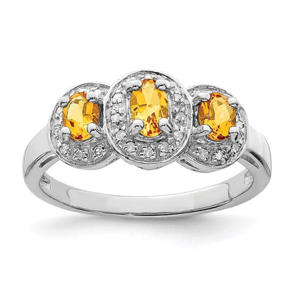 Sterling Silver Rhodium Citrine & Diamond Ring Size 6