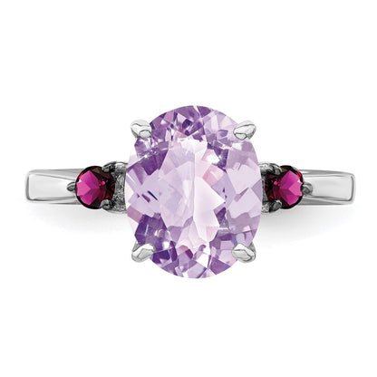 Sterling Silver Rhodium Pink Quartz & Rhodolite Garnet Ring Size 9