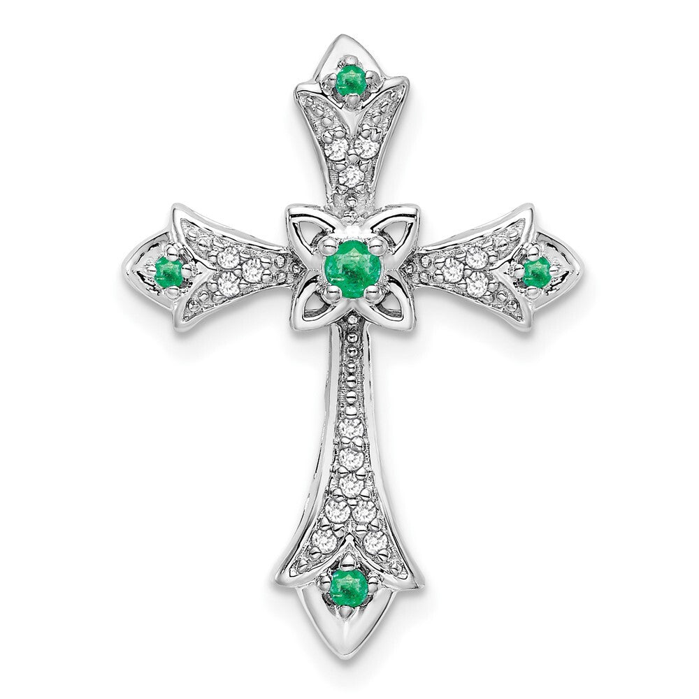 14k White Gold Emerald and Diamond Fleur de Lis Cross Chain Slide Pendant